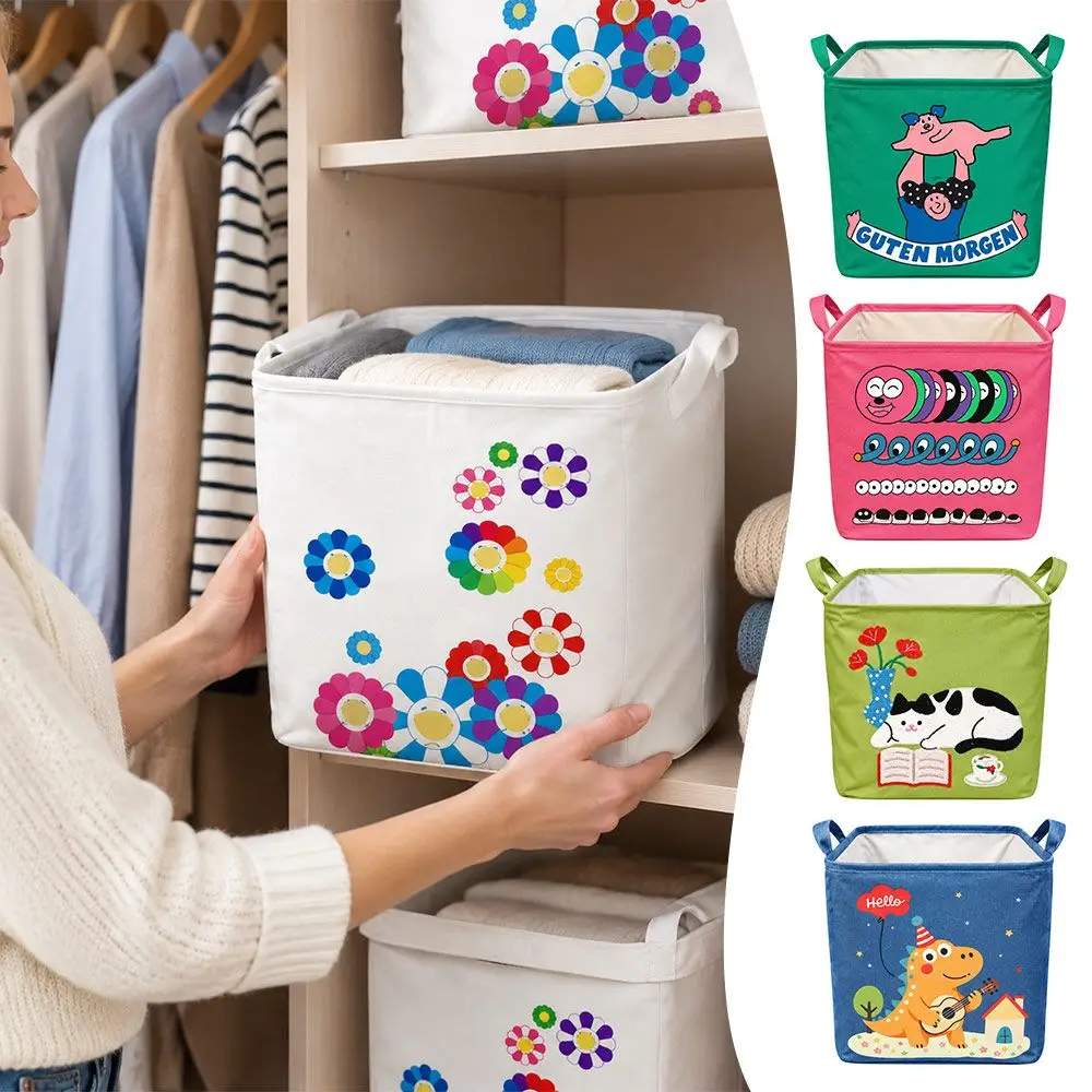 32x32cm Foldable Storage Basket Fabric Cartoon Pattern Car Trunk Organizer Carry Handles Square Shape Laundry Basket Storage Bin