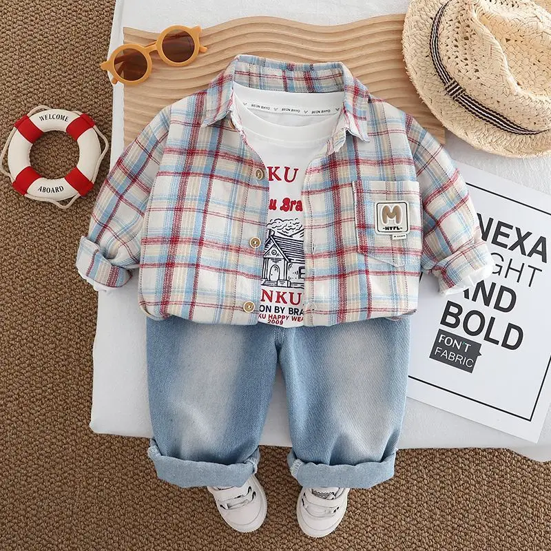 طقم أطفال للربيع والخريف قميص أطفال مربع جديد + تي شيرت + جينز طقم مكون من 3 قطع
