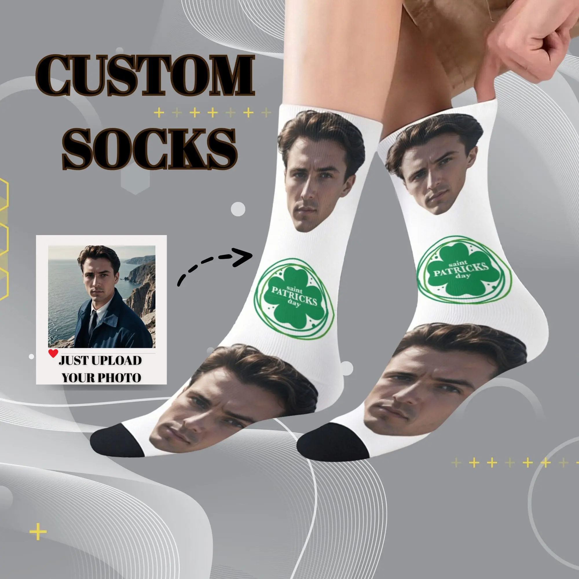 St. Patrick's Day Gift Custom Face Socks Print Photo Lucky Clover Pattern Print Personalized Breathable Comfotable Socks