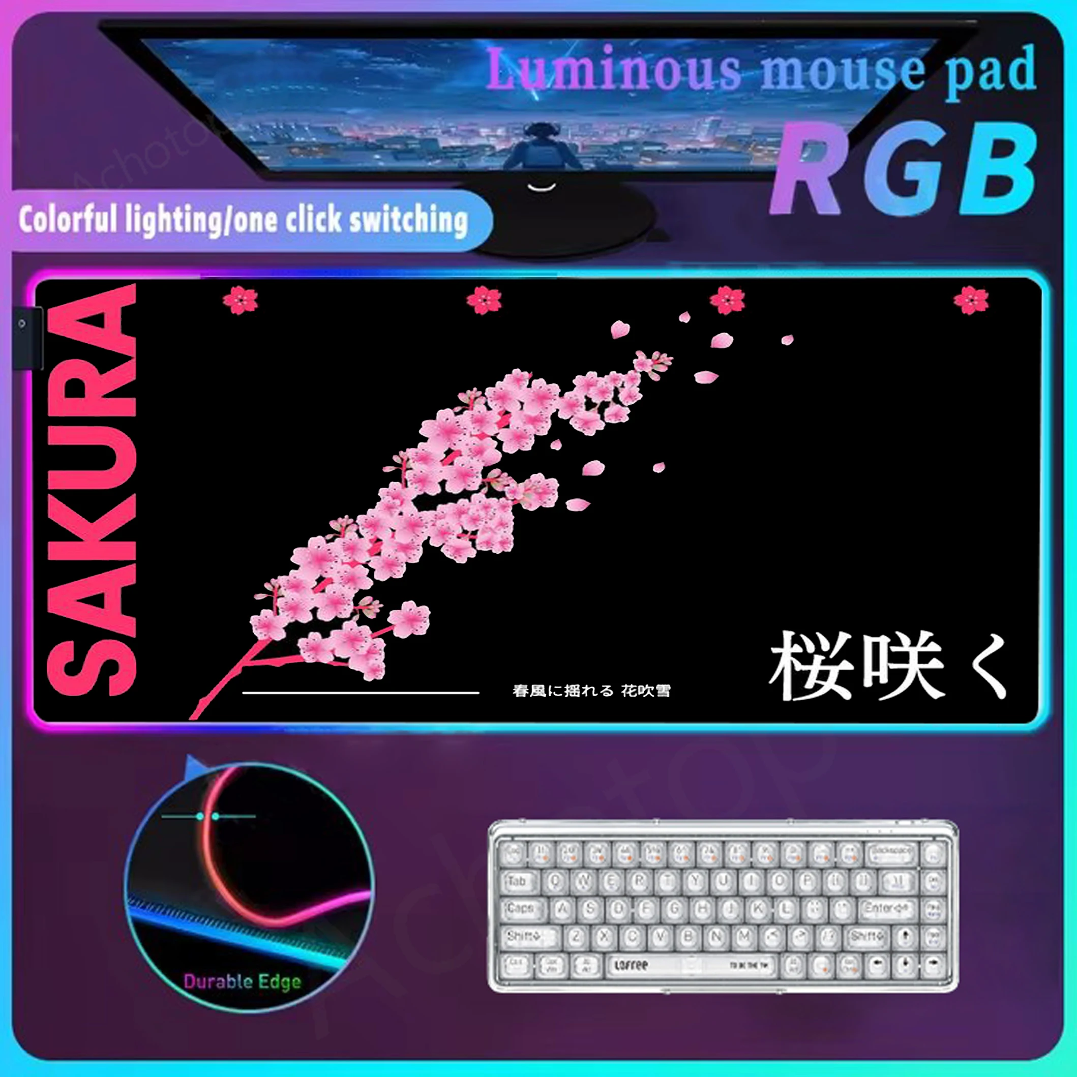 Großes RGB-Mauspad, schwarz-weiße Tischmatte mit LED-Teppich, Gaming-Zubehör, leuchtende Persönlichkeit, Mauspad, Sakura, erweiterte Pads