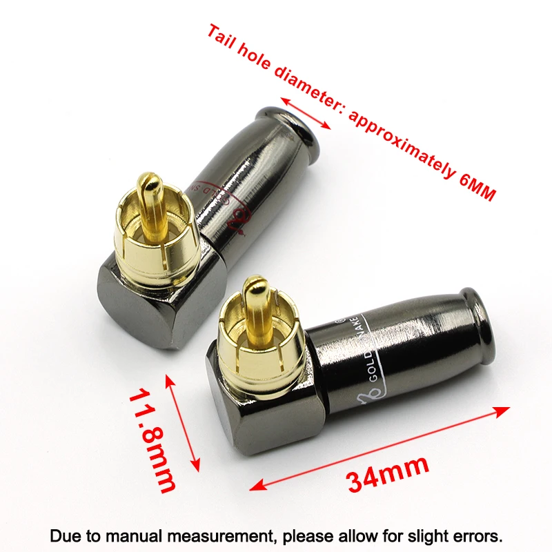 1pair 90 Degree Snake King RCA L-shaped Gun Black Gold Plated Right Angle RCA Male Plug Audio Video Connector Soldering