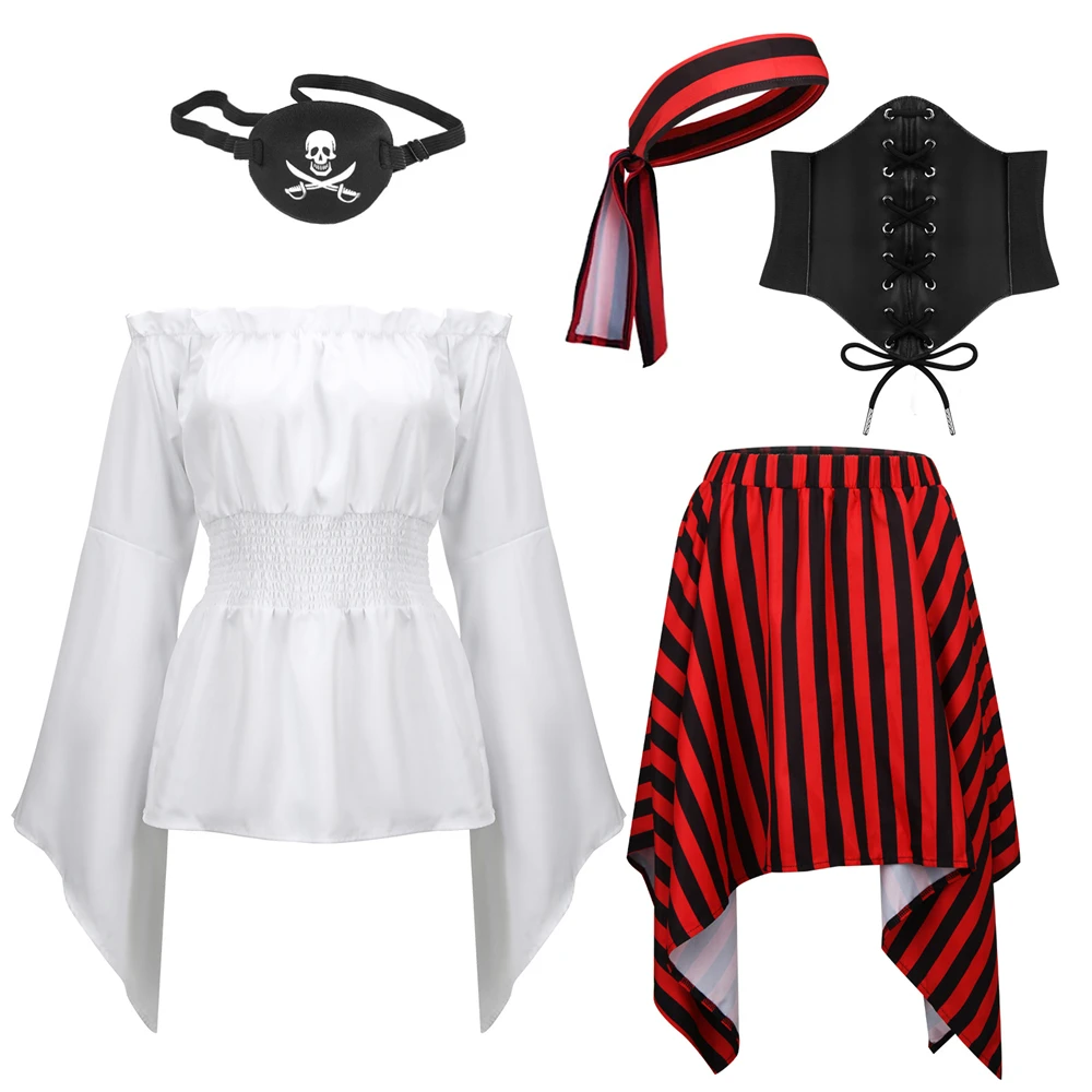 Adult Women Pirate Full Set Costume Cosplay Vintage Renaissance Blouse Top Corset Stripes Pirate Skirt Headscarf Eye Mask