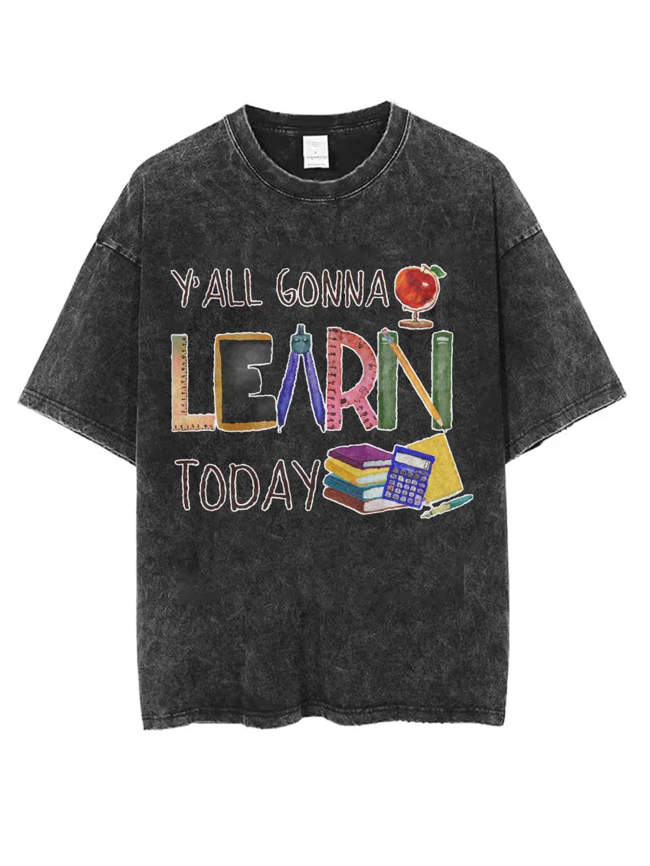 تي شيرت أسود مغسول برقبة دائرية مريح وفضفاض مناسب للهالوين مطبوع تصميم أزياء الشتاء للرجال والنساء الأكثر مبيعًا