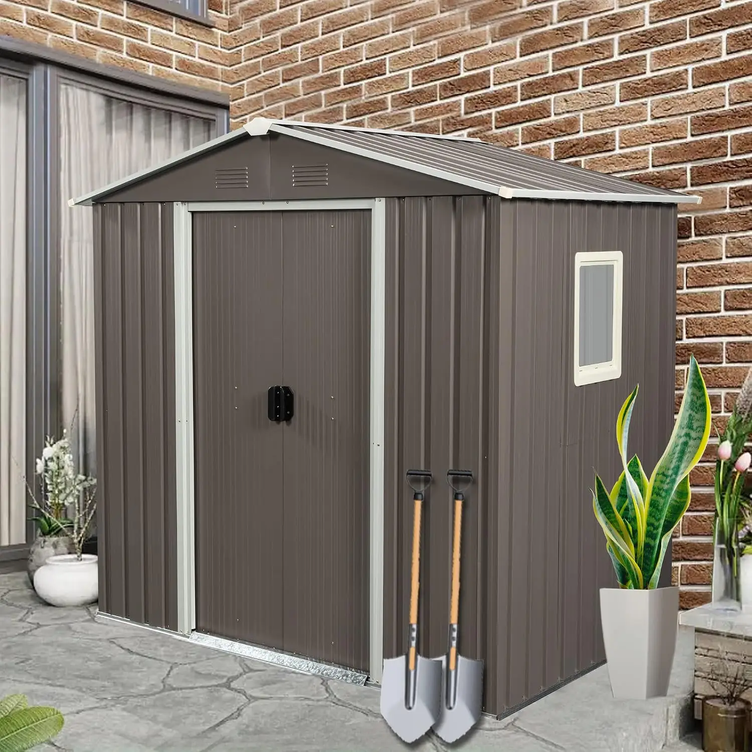 6x5FT Metal Outdoor Storage Shed with Floor Frame Lockable Sliding Doors Window Air Vents Waterproof Backyard Lawn, Customized
