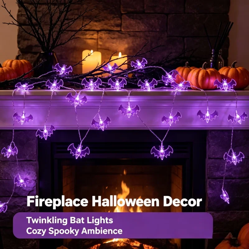 1pc 10/20LED Purple Bat String Light Battery Powered Halloween Spooky Hanging Fairy Lamp For Home Bedroom Party Garden Decor