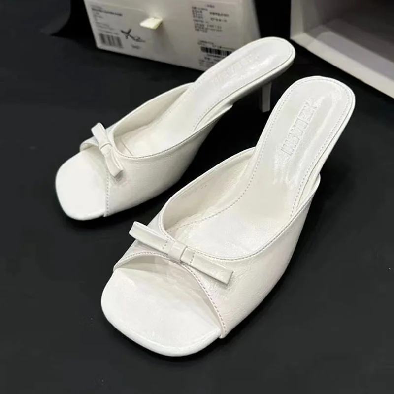 

2024 Summer Sliver New Brand Women Slipper Fashion Round Toe Bow-knot Ladies Elegant Sandal Shoes Thin High Heel Dress Slides