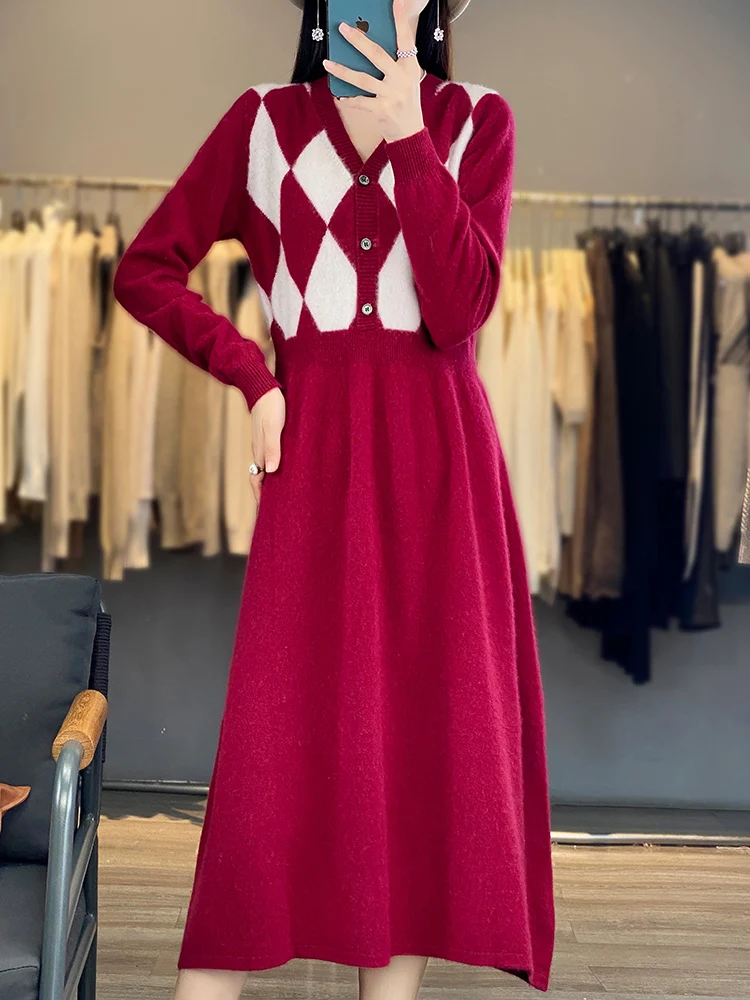 Women 100% Wool Knitted Dress V-Neck Loose Color Match Long Skirts High Waist Over Knee Pullover Sweater New Autumn Winter Dress