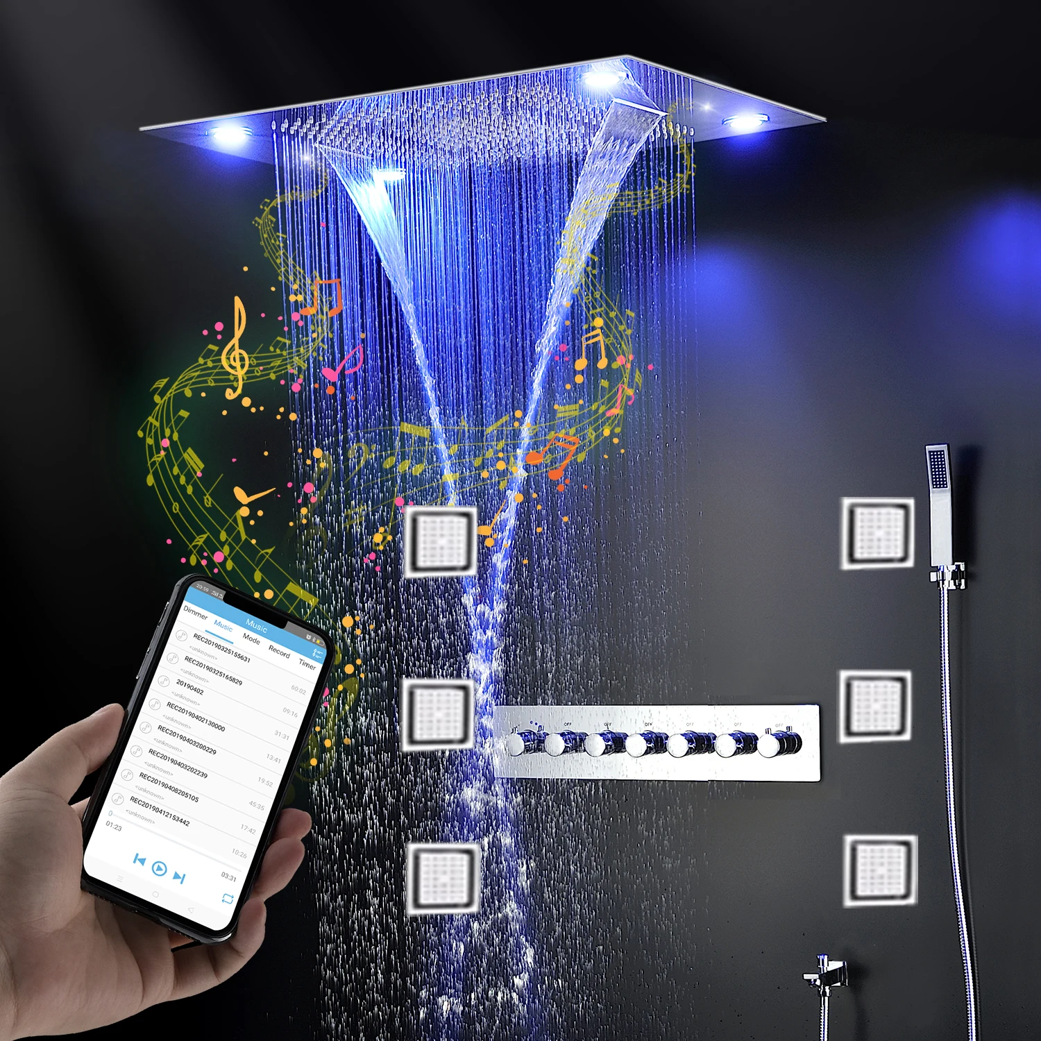 

hm Luxury Bluetooth Music Shower Set Spray Waterfall Rain Shower Head 800x600MM Bathroom Thermostatic LED Faucet System Body jet