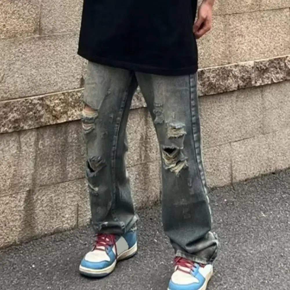 Jeans de perna larga rasgada masculino com bolsos múltiplos, detalhes angustiados, estilo hip-hop, streetwear urbano, casual