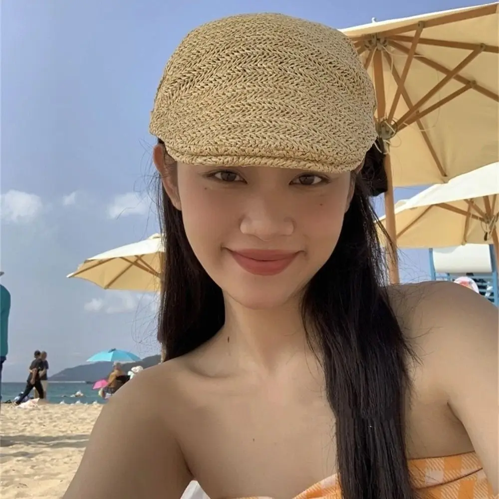 

Breathable Hollow Straw Beret Flat Beach Straw Newsboy Cap Vacation Adjust Painter Beret Outdoor