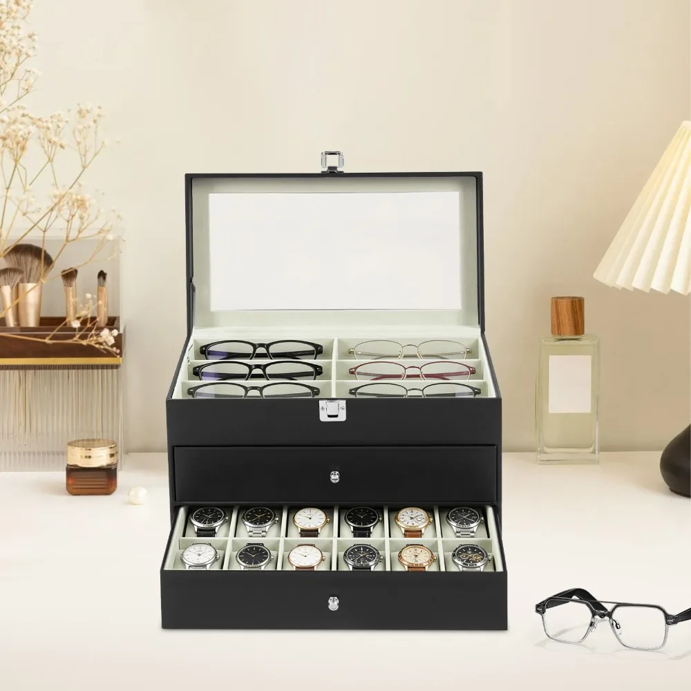 Watch Box Display Case 12 Compartments, Sturdy PU MDF Storage Organizer for Watches and Glasses, Dust Resistant with Soft Lined Separators