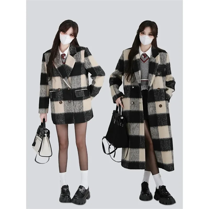 2023Small Fragrant Wool Coat Female Autumn And Winter Double-Breasted Quilted Thicken Suit Coat Plaid college Style Plaid Blazer