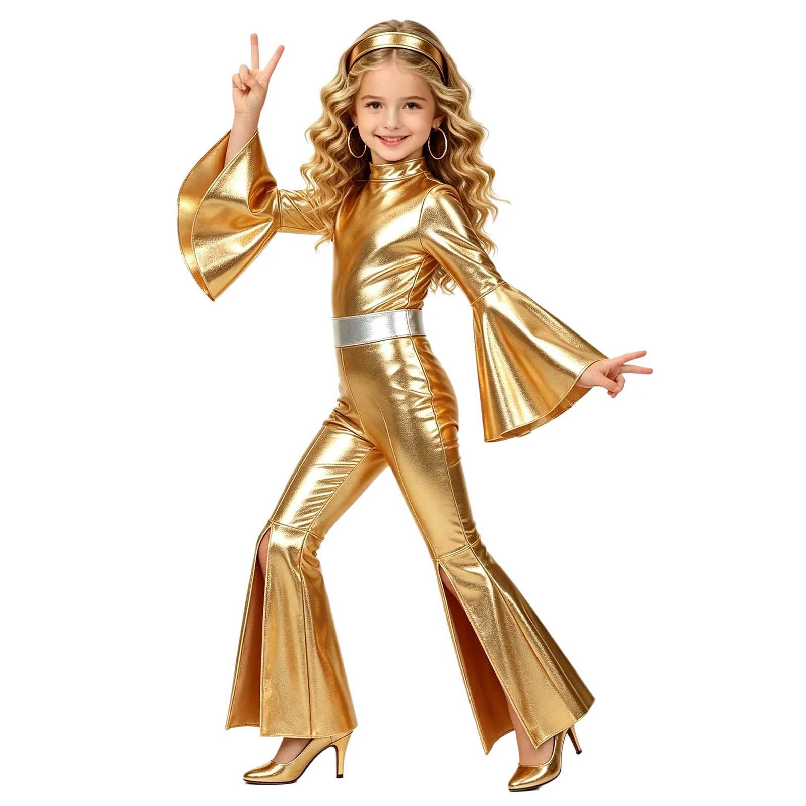 Kids Girls Disco Party Costume Split Bell-bottom Metallic Jumpsuit Jazz Dance Outfit Flared Zipper Bodysuit for Music Festival view 3