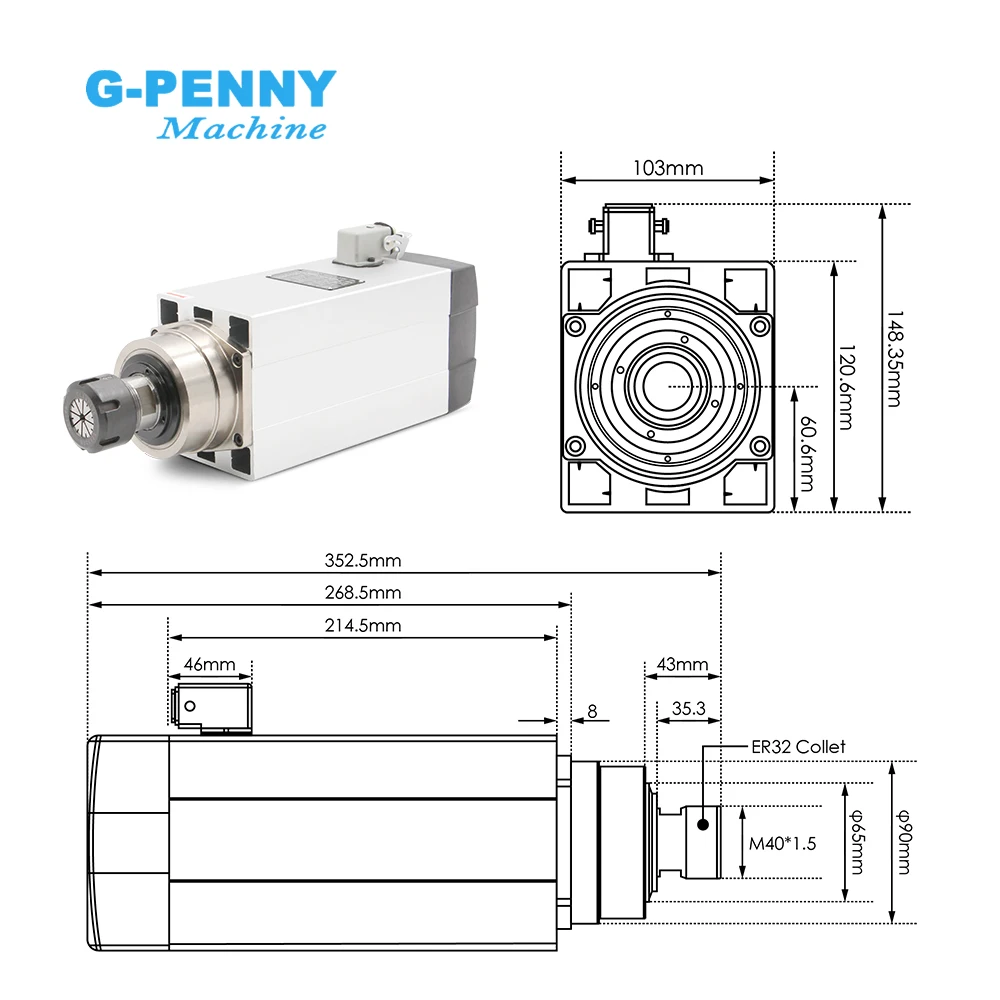 G-Penny 4.5kw ER32 Air Cooled Spindle Motor 220v/380v Square Spindle Ceramic Ball Bearings 0.01mm Wood Milling Engraving CNC