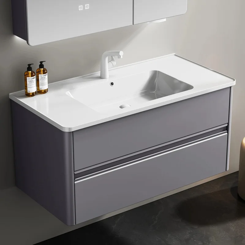 Double drawer painted door panel main cabinet solid wood bathroom cabinet arc defogging smart mirror cabinet