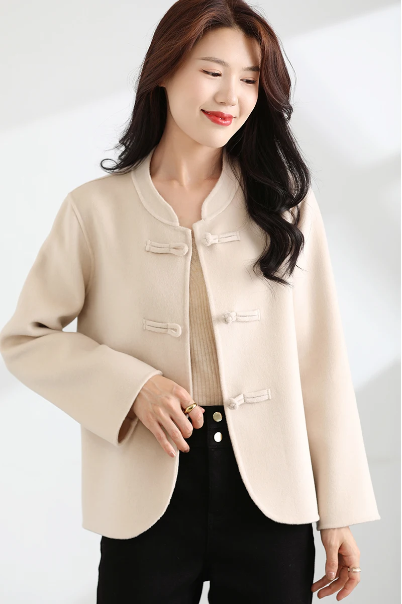 Autumn and Winter New 100% Pure Wool Double sided Cashmere Coat Women's Short Chinese Retro Tang Dynasty Wool Trend Coat