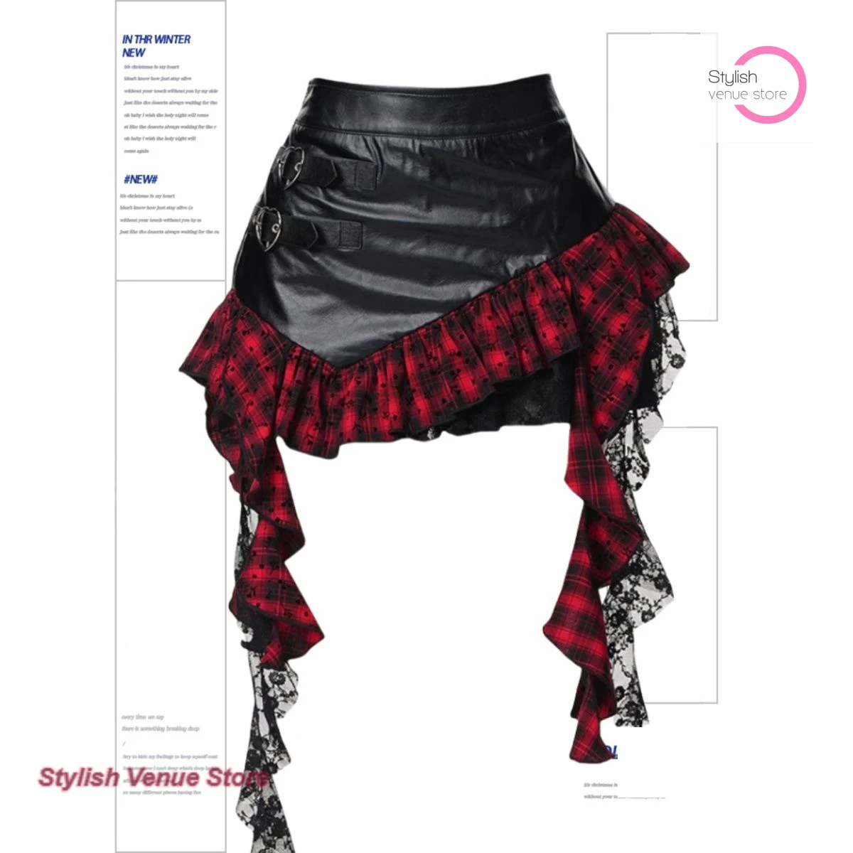 

French fashion irregular ruffled plaid skirt women's spring and autumn new high waist plaid leather skirt stitching short skirt