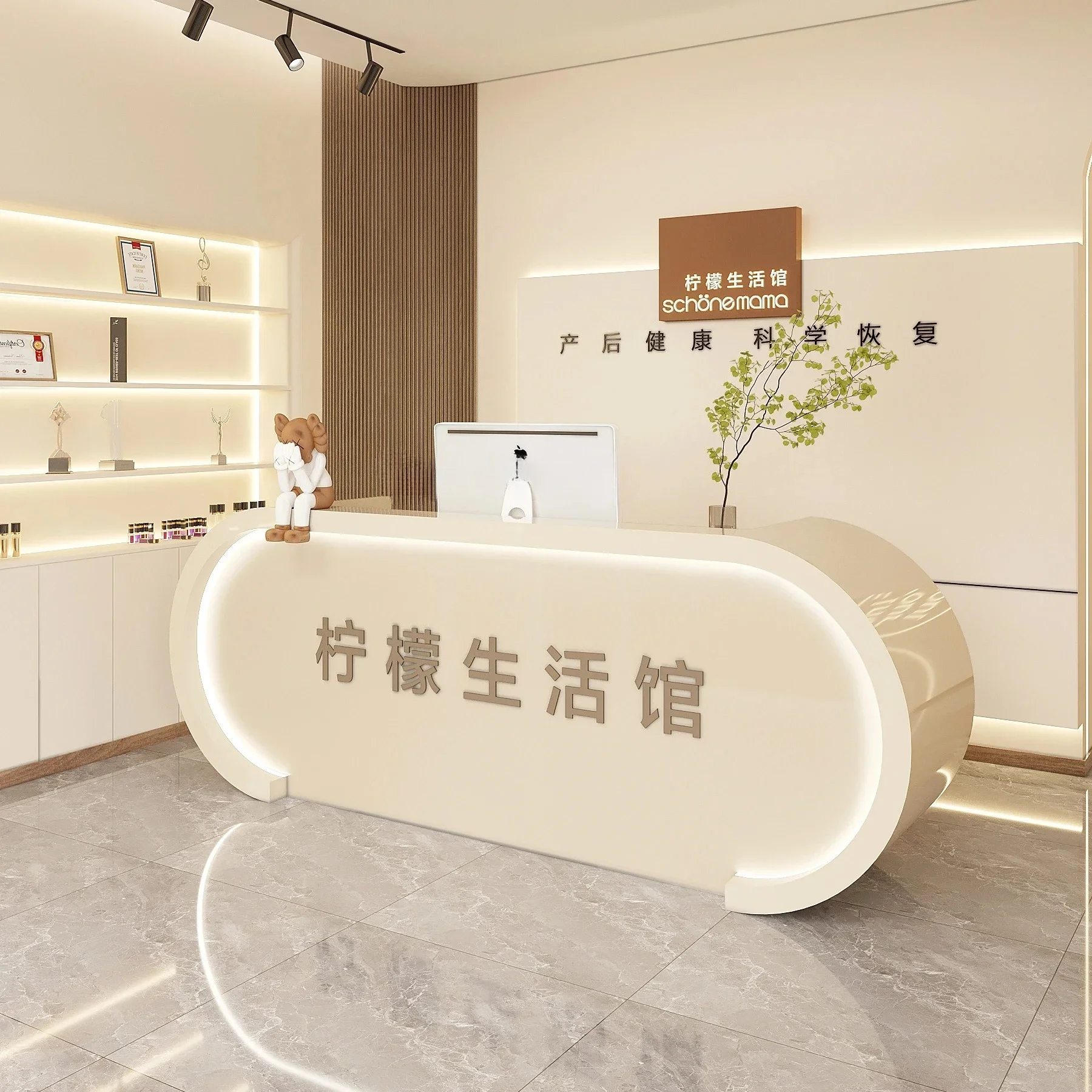 Clothing shop bridal shop checkout page counter paint front desk reception desk simple beauty salon yoga studio curved bar