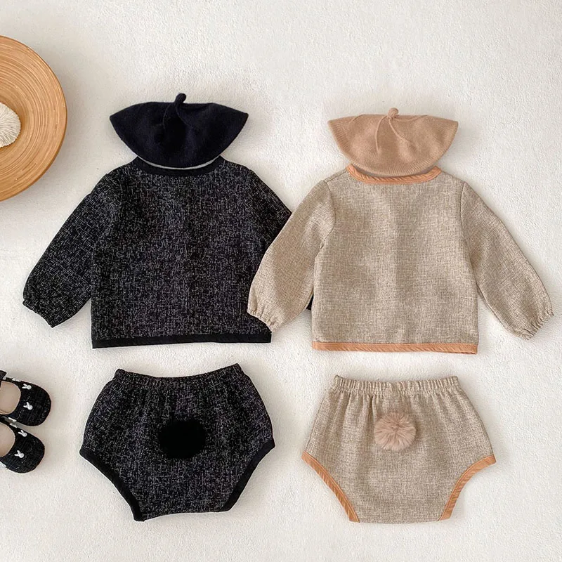 2024 New Autumn Korean Style Infant Baby Girls Clothing Set Long Sleeved Cardigan+PP Shorts Toddler Baby Girl Clothes Suit