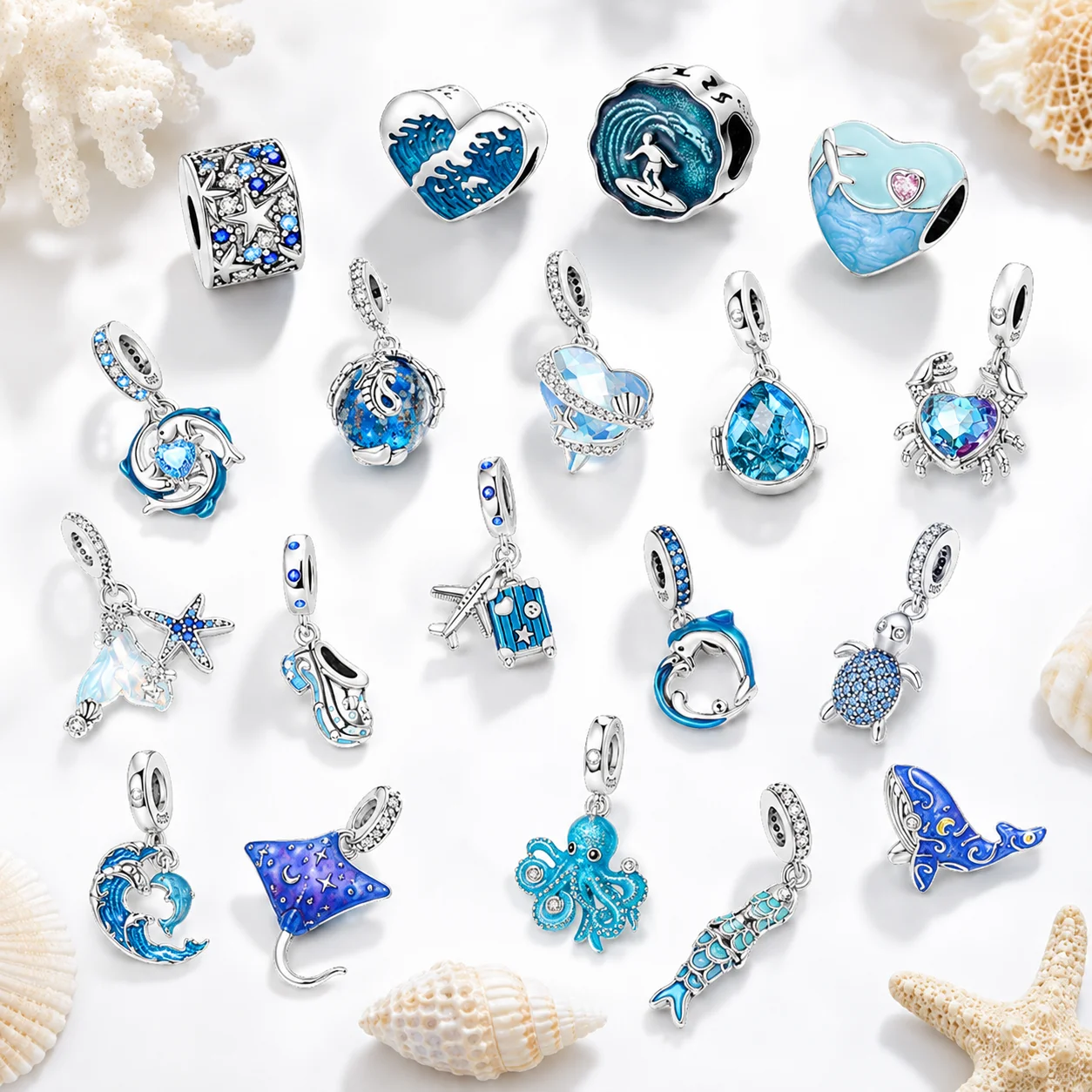 

925 Sterling Silver Ocean Theme Charm Beads For Women Blue Wave Dolphin Seashell Compatible Summer Beach Vacation Jewelry