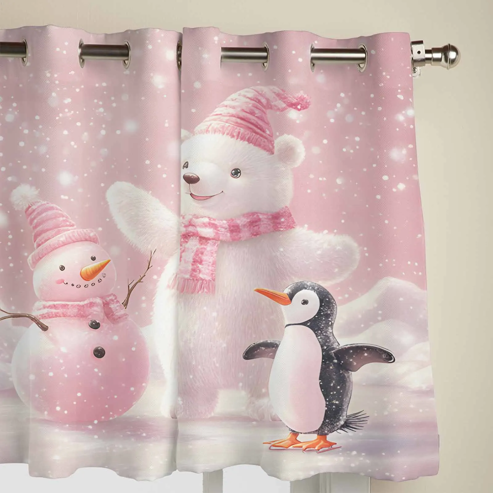 Pink White Bear And Penguin Snowman Window Curtains Printing Curtains for Living Room Modern Design Bedroom Decor Drapes