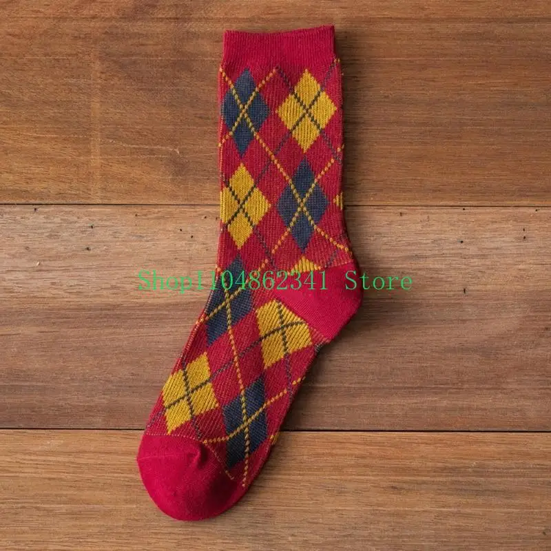 5ASD FEMMES ETHNIQUE ARGYLE PLAID PRINT SOCKS Vintage College Preppy Hosiery