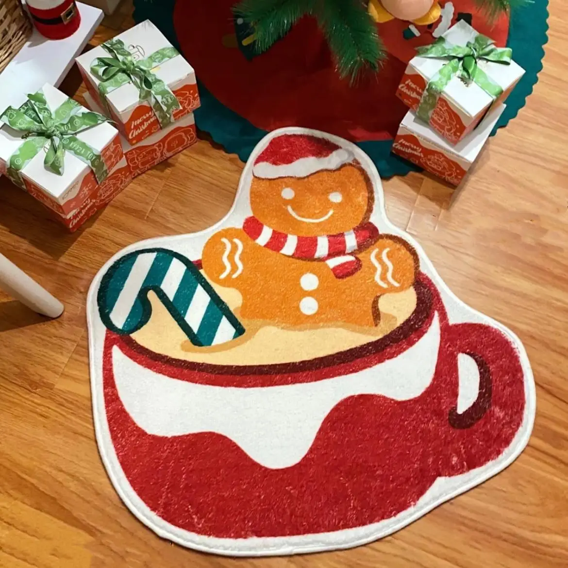 

VIKAMA Christmas Tea Cup Gingerbread Man Carpet Home Decoration Washable Bedroom Entrance Mat Bedroom Bedside Blanket