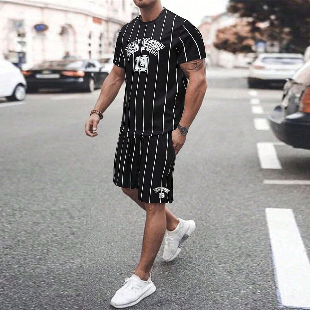 Men\'s 3D Letter Printed Short-Sleeved Shorts 2-Piece Set Fashionable Black White Striped T-Shirt Tees Basketball Sportswear Sets