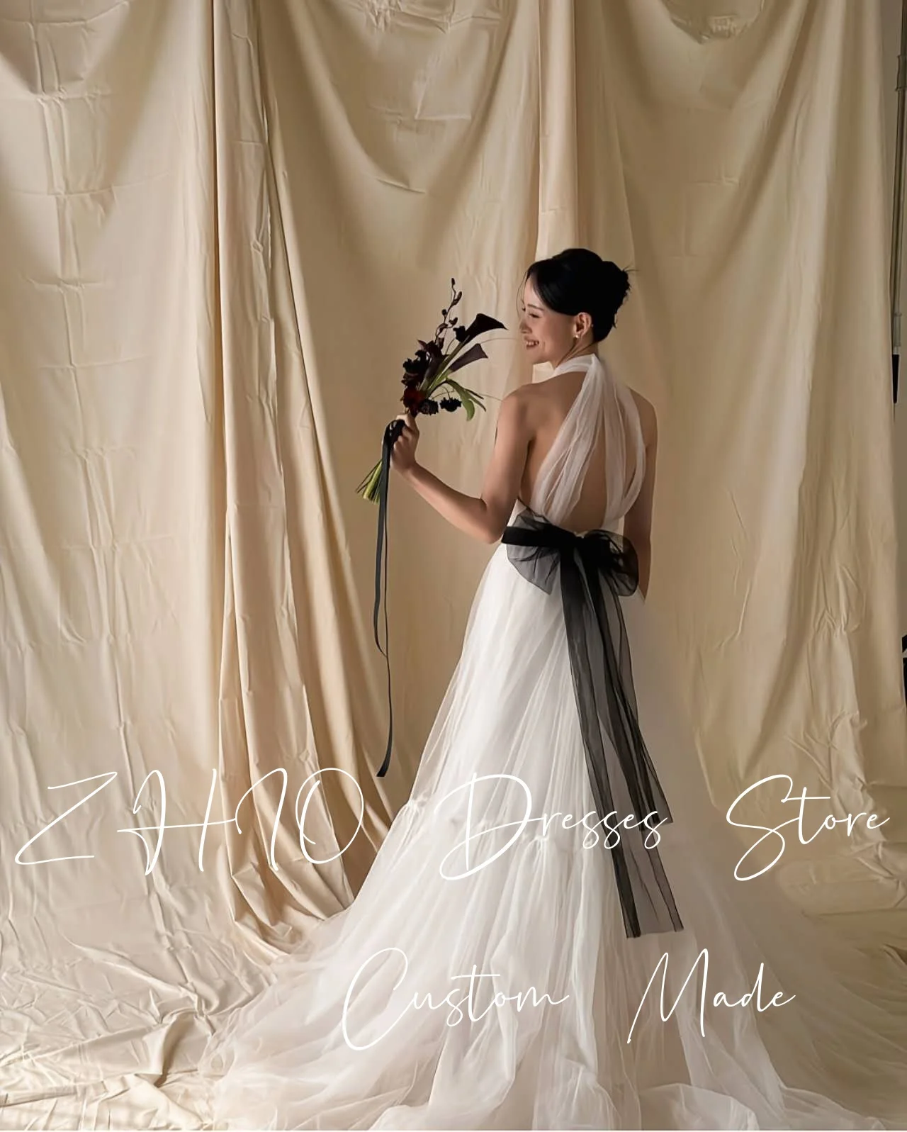 ZHIO Classic Illusion Wedding Dress Halter Sleeveless A-Lin Ribbons White Tulle Korea Photo Shoot Bridal Gown Customized