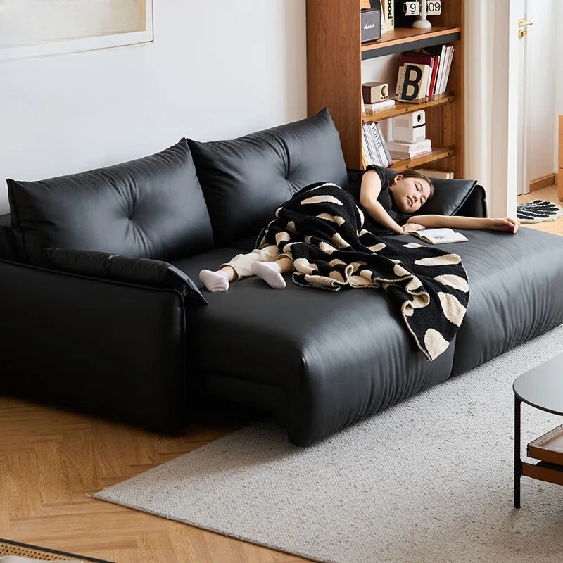 Electric sofa bed, small apartment living room light luxury straight row multi-functional retractable dual-purpose black
