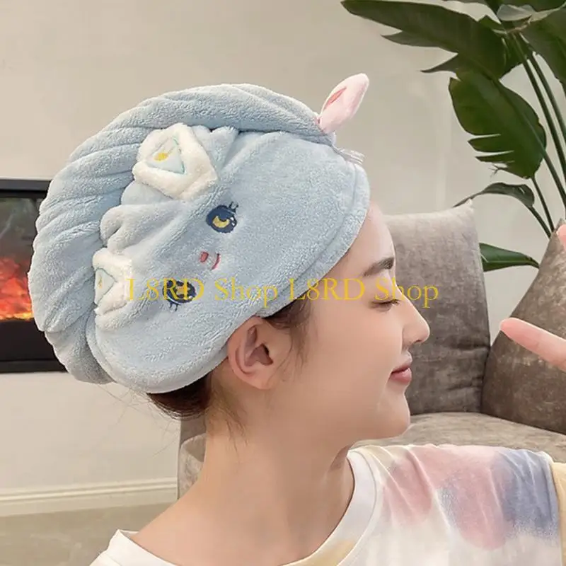 L8RD Hair Drying Towel Cartoon Rabbit Hair Towel Wrap Hair Towel with Button Hair Turban Towel
