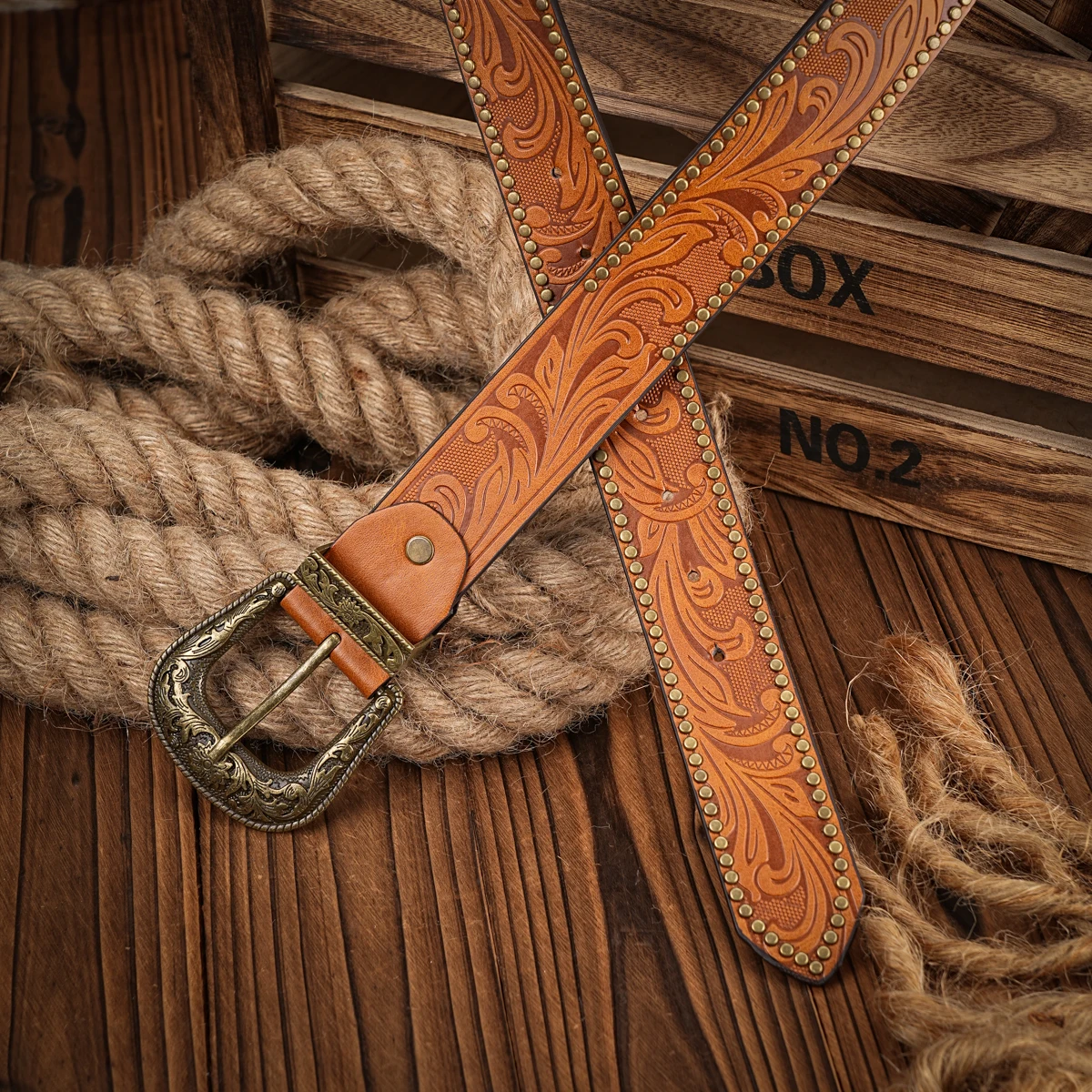 Men & Women-Western-Cowboy-PU Leather-Belts - Vintage horse Belt Floral Engraved Buckle Belt for Jeans