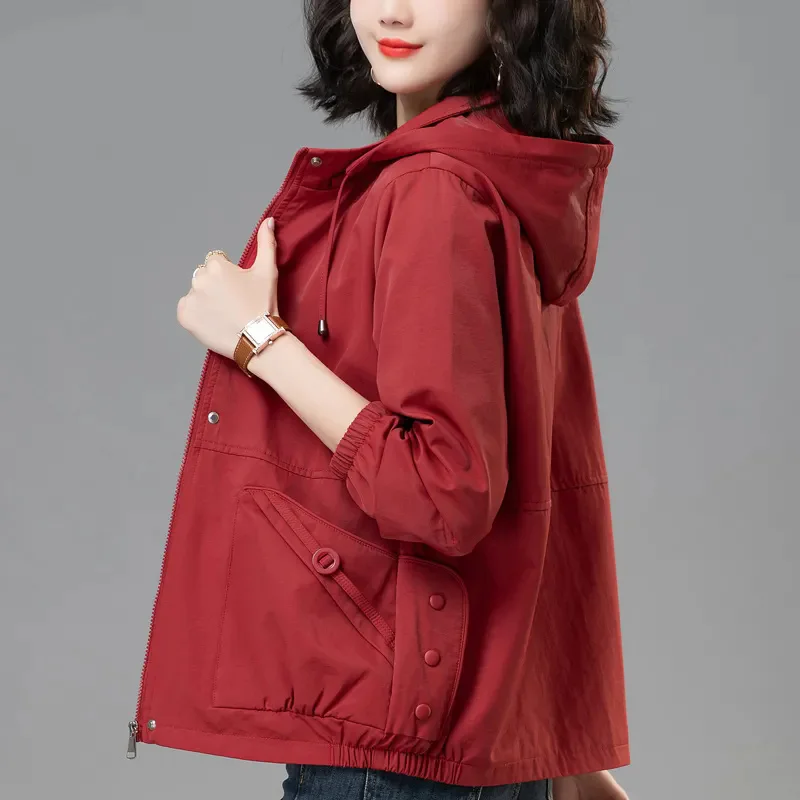 2025 Spring Autumn Korean New Casual Women's Short Jacket Loose Fit For Middle-aged Mothers, Age Reducing Hooded Baseball Jacket