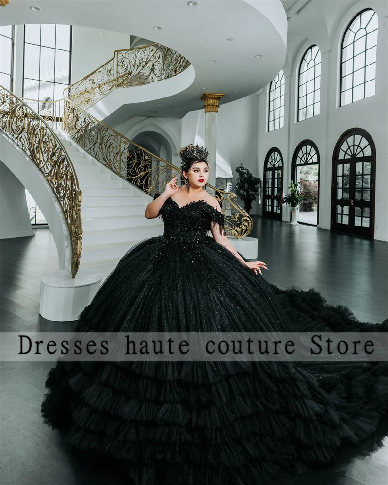 

Black Tulle Beaded Quinceanera Dresses 2025 Appliques Ruffles Sweet 16 Dress Birthday Party Dress Customized Vestidos De 15 Anos