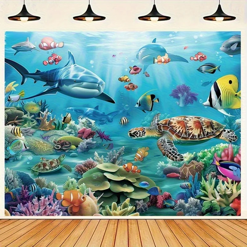 Vibrant Underwater World Party Backdrop - Ocean Life Coral Reef and Sea Turtle Wall Hanging