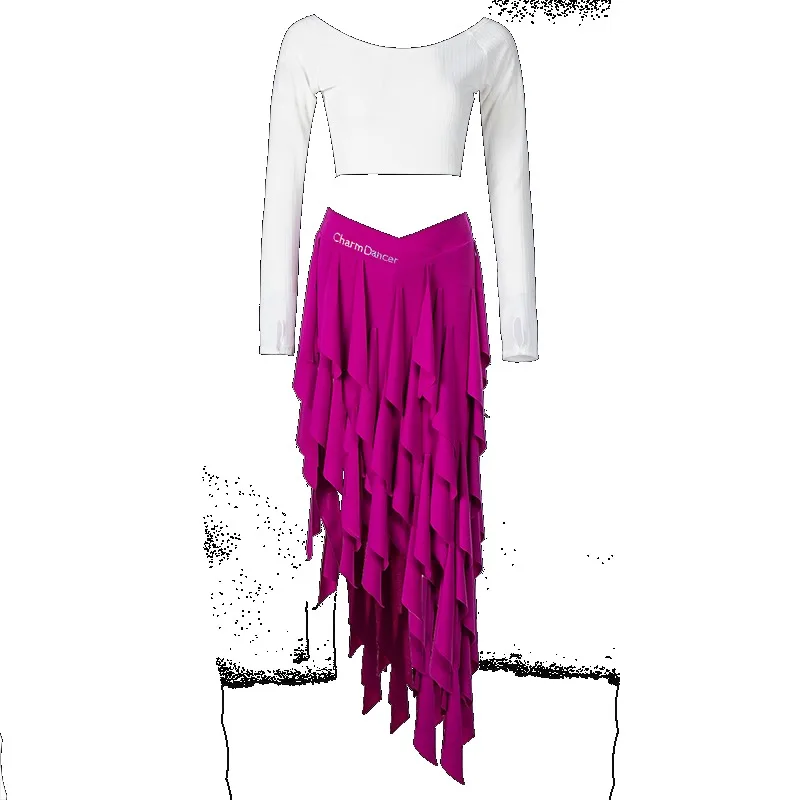 

Индивидуальный костюм для танца живота, тренировочный костюм, топ с длинными рукавами, динамическая юбка с кисточками, 2 шт., групповой тренировочный костюм Falda Bellydance