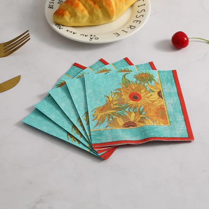 20pcs 33 * 33cm 2Layer Oil Painting Style Sunflower Printed Napkins Party Decoration Disposable Table Mat DIY Decoupage Paper