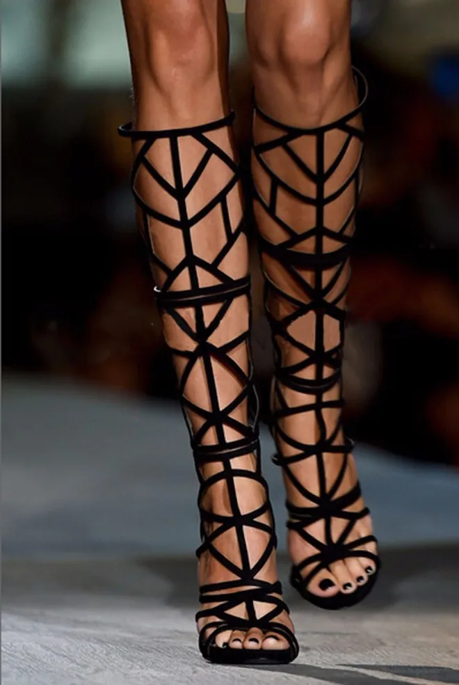 

Color-Blocked Hollow Roman Sandals Back Zipper Open-Toe High-Heeled Over-The-Knee Boots Large-Size Women's Shoes Sandalias Mujer