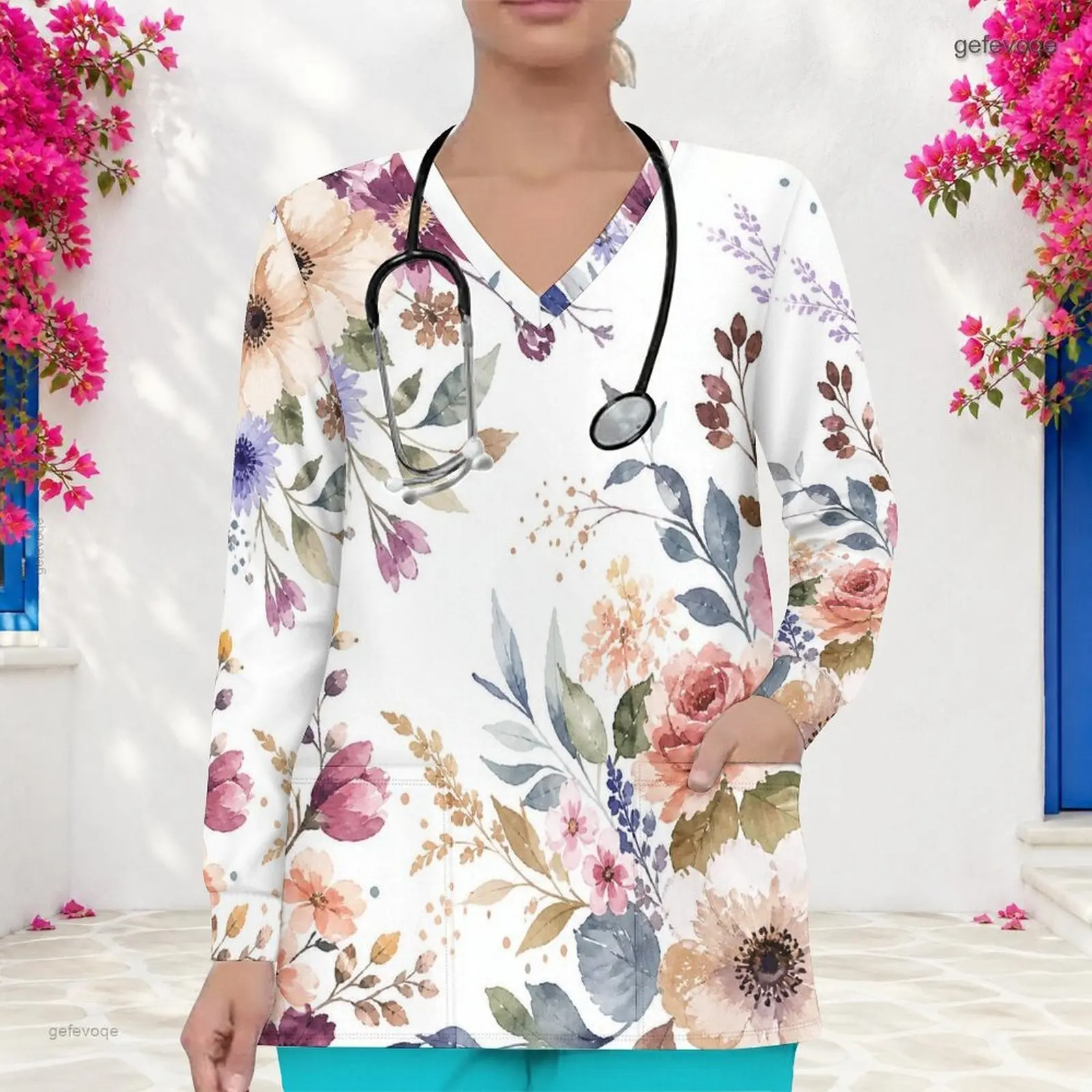 Women V Neck Long Sleeve Front Pockets Printed Scrub Top