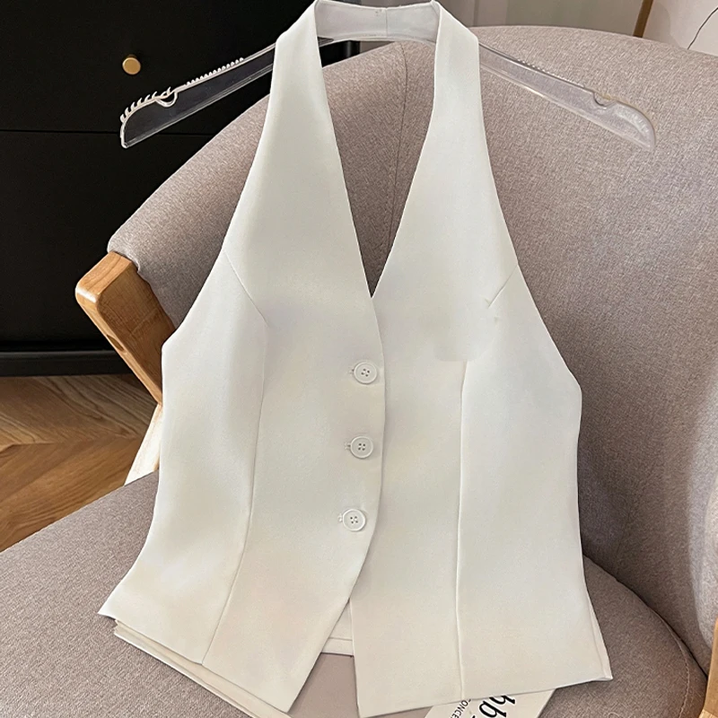 

New Summer 2025 Women's Sexy Halter Sleeveless Fashion Halter Neck Vest Black and White Short Tops Vintage Blazer Vest