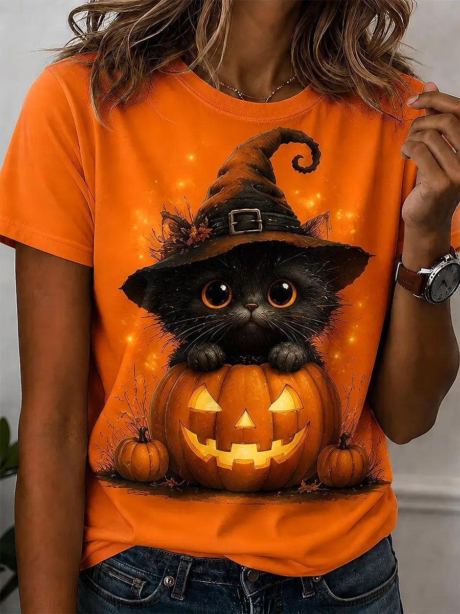 Halloween Women Witch Cat T-Shirt Cute Black Cat Pumpkin Graphic Tops Tee Summer Short Sleeve Crewneck Party Women Clothing view 3