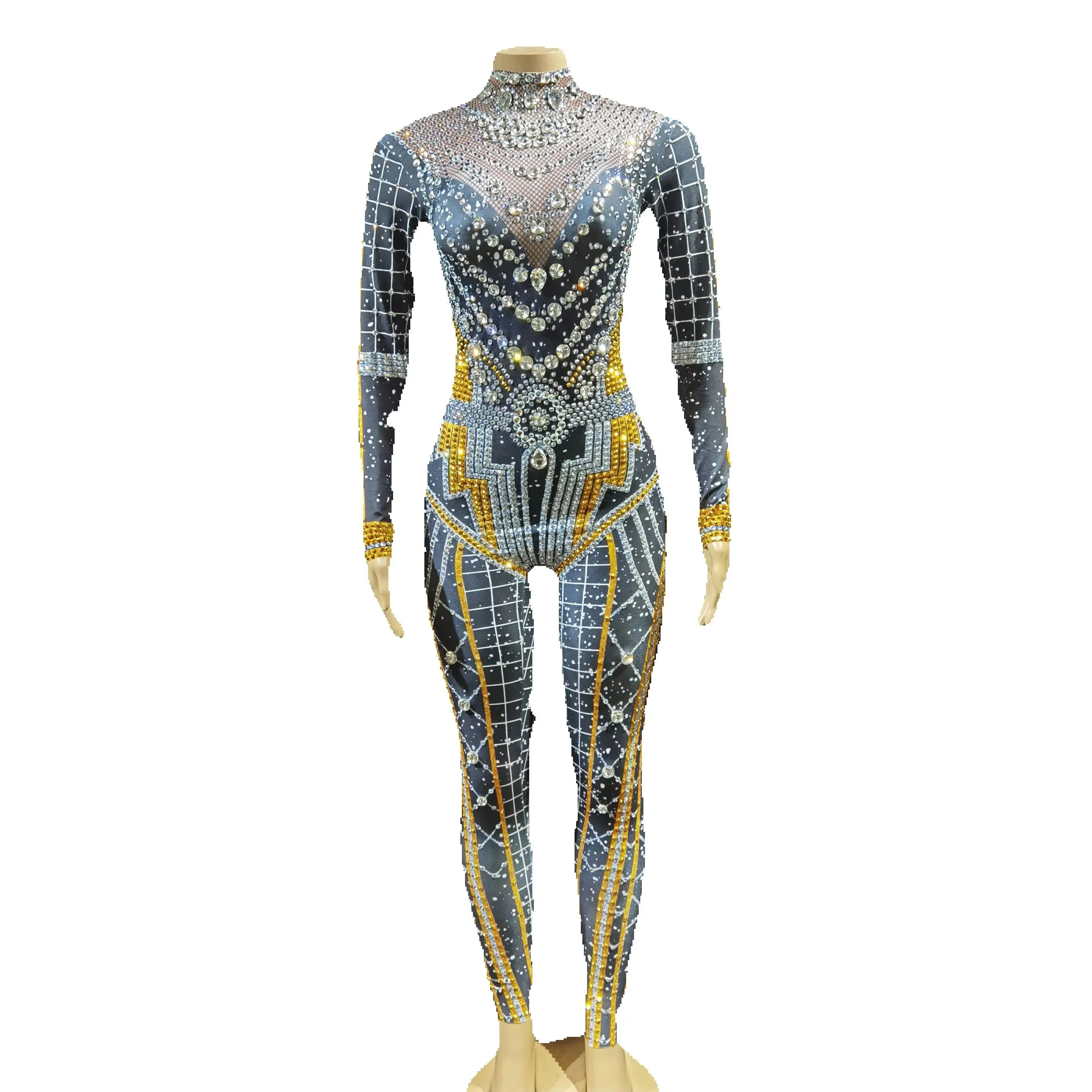 

Steel pipe black glass diamond long one-piece false transparent flesh elastic slimming stage performance jumpsuit