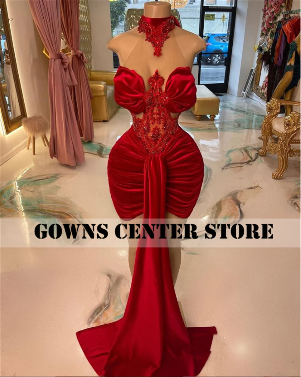 Nhung Đỏ Halter Prom Dresses Cho Cô Gái Da Đen Mermaid Mini Cocktail Dress Với Train Phi Sinh Nhật Đảng Gown Robe De bal