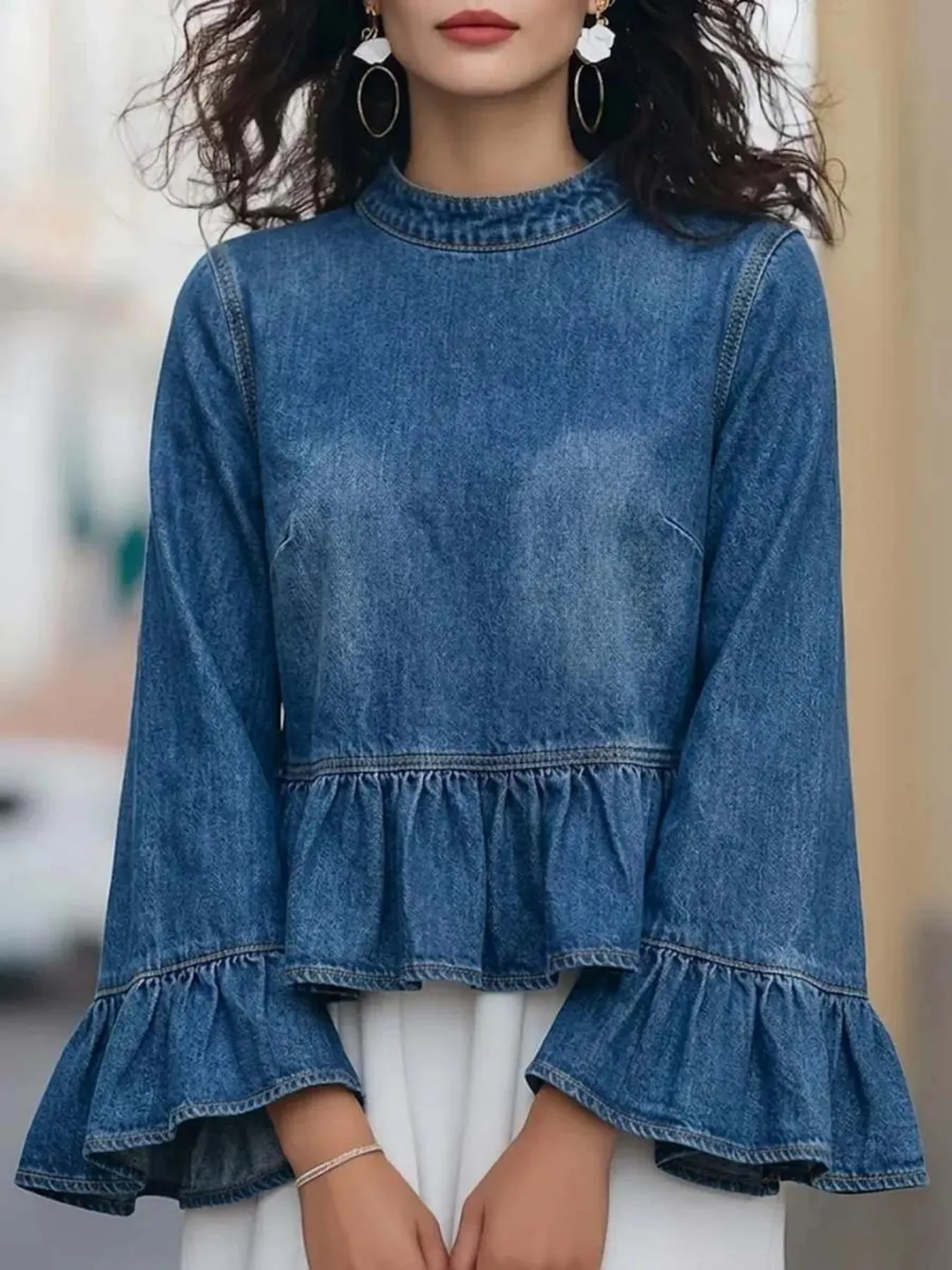 Women's Summer Elegant Denim-and-Tulle Patchwork Ruffled Blouse