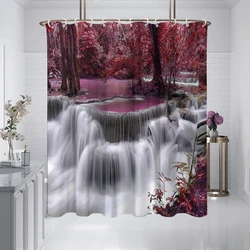 Enchanted Waterfall & Purple Autumn Forest Print Shower Curtain with 12 Hooks, Modern Home Bathroom Decor,All-Season Universal