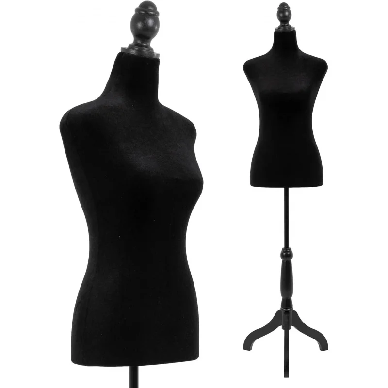 Forme de robe de torse féminin 49,6-63,4" réglable en hauteur, mousse haute densité avec trépied en bois – Mannequin d'affichage portable