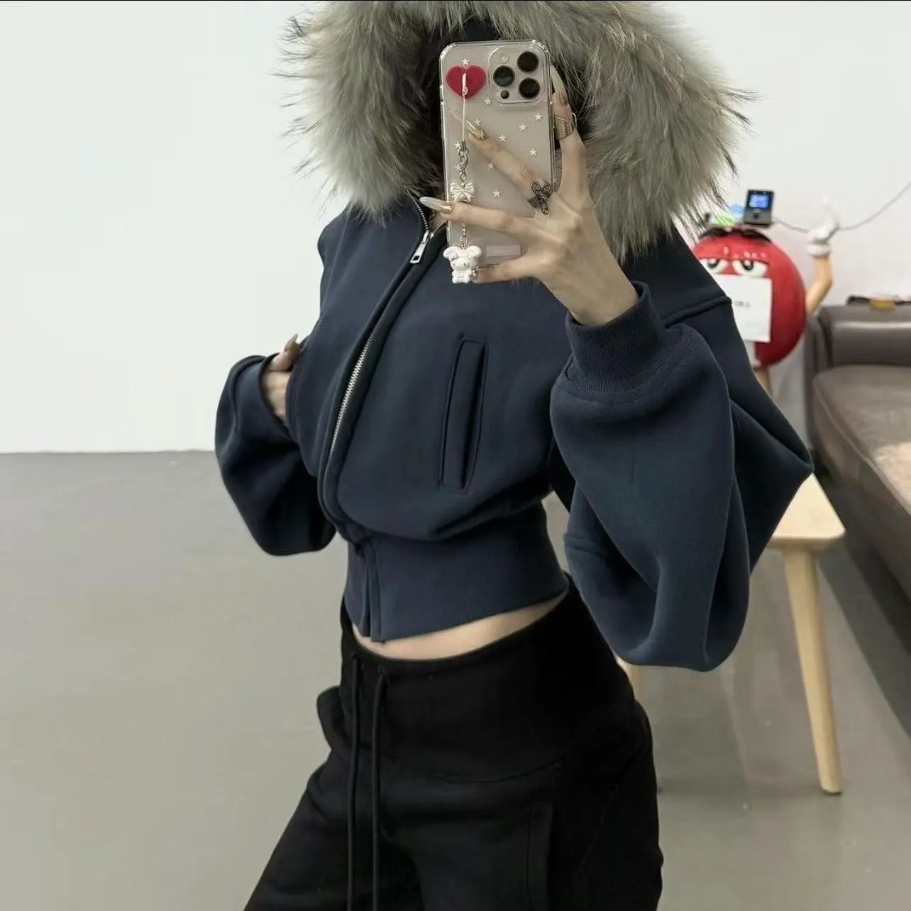 Czarna bluza z futrzanym kołnierzem, zapinana na zamek, prosty styl, futrzany kołnierz, rozpinany kardigan z kapturem, topy, vintage, Y2k, krótki płaszcz na zamek.