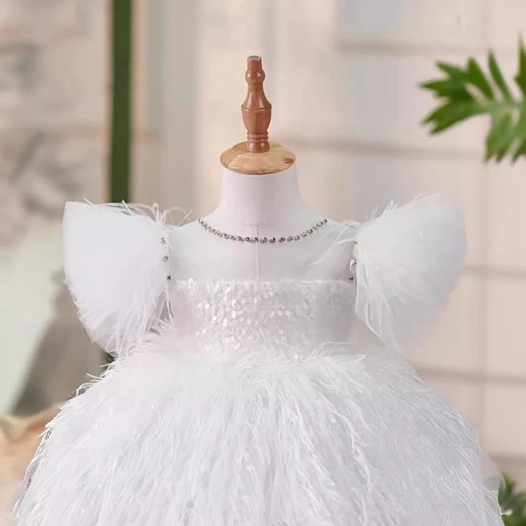 Mädchen Prinzessin weiße Kinder glänzende Feder Bogen Tutu Brautkleid Kinder kleider Luxus Baby Geburtstags feier Kleid