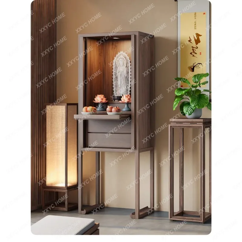 XXNew Chinese Solid Wood Buddha Cabinet Vertical Household Elm Storage Cabinet God of Wealth Guanyin Bodhisattva
