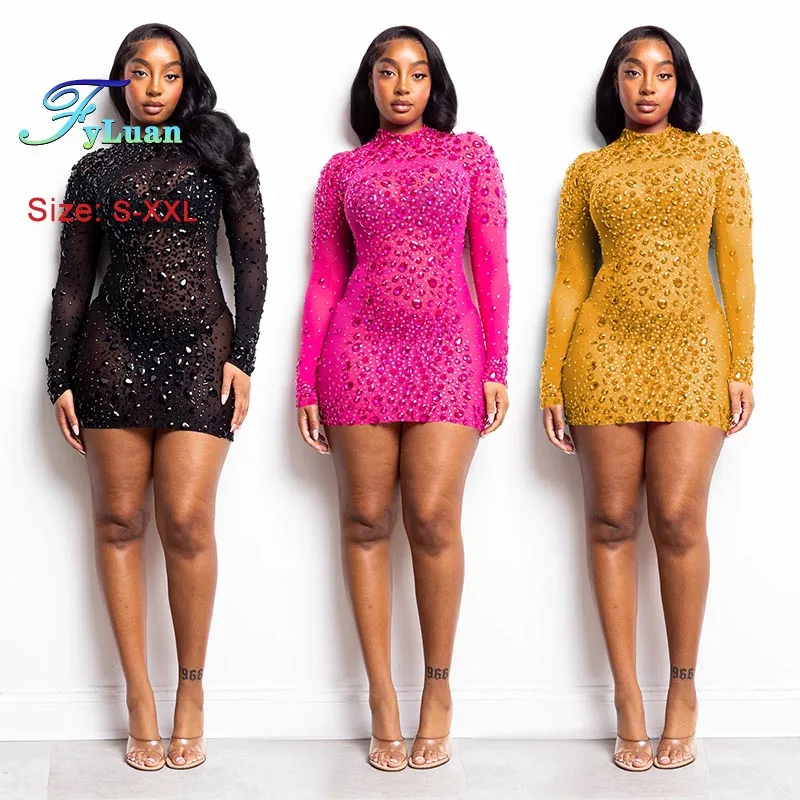 Mode Dameskleding Sexy Mesh Mini-jurk Effen Kleur Sheer Afslankende Bodycon Jurk Lange Mouw Nauwsluitende Nachtclubjurk